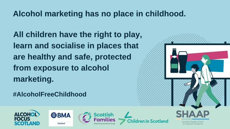 Campaign graphic reading: Alcohol marketing has no place in childhood. All children have the right to play, learn and socialise in places that are healthy and safe, protected from exposure to alcohol marketing.
