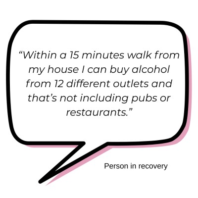 Speech bubble with text reading: “Within a 15 minutes walk from my house I can buy alcohol from 12 different outlets and that’s not including pubs or restaurants.” - Person in Recovery