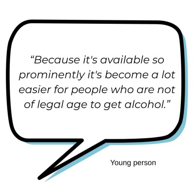 Speech bubble with text reading: “Because it's available so prominently it's become a lot easier for people who are not of legal age to get alcohol” - Young Person
