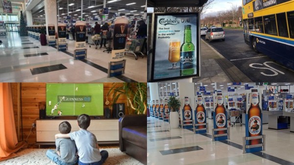 Image showing alcohol ads in shops, on tv and at a bus stop