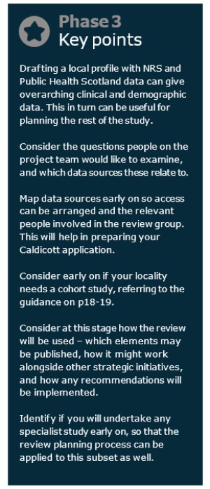 Phase 3 Key points Drafting a local profile with NRS and Public Health Scotland data can give overarching clinical and demographic data. This in tum can be useful for planning the rest of the study. Consider the questions people on the project team would like to examine, and which data sources these relate t). Map data sources earty on so access can be arranged and the relevant people involved in the review group. This will help in preparing your Caldicott application. Consider early on if your locality needs a cohort study, referring to the guidance on p18-19. Consider at this stage how the review will be used — which elements may be published, how it might work alongside other strategic initiatives, and how any recommendations will be implemented. Identify if you will undertake any specialist study earty on, so that the review planning process can be applied to this subset as well. 