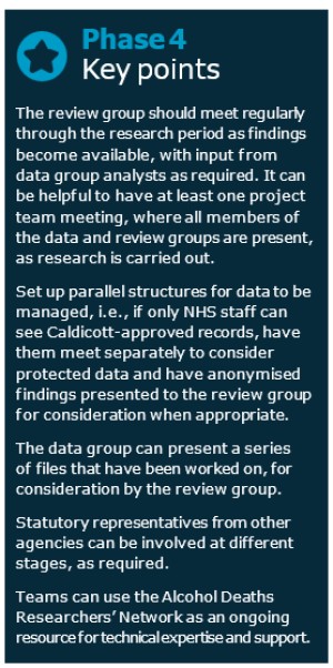 Phase4 Key points The review group should meet regularly through the research period as findings become available, with input from data group analysts as required. It can be helpful to have at least one project team meeting, where all members of the data and review groups are present, as research is carried out. Set up parallel structures for data to be managed, i.e., if only NHS staff can see Caldicott-approved records, have them meet separately to consider protected data and have anonymised findings presented to the review group for consideration when appropriate. The data group can present a series of files that have been worked on, for consideration by the review group. Statutory representatives from other agencies can be involved at different stages, as required. Teams can use the Alcohol Deaths Researchers' Network as an ongoing resource for technelex1:E'tÉe and support 