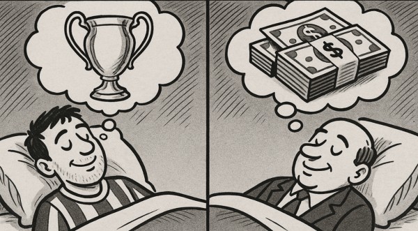 Cartoon image split in two halves. On the left a football fan lies in bed dreaming of a trophy. On the right, an industry executive lies in bed dreaming of money